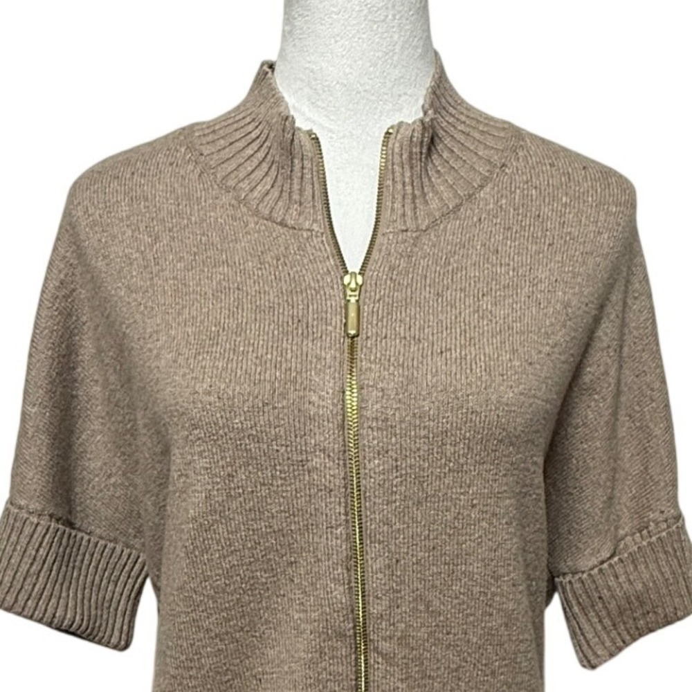 Chicos Cardigan Womens Medium Petite 1P Tan Silk Blend Short Sleeve Tan Full Zip